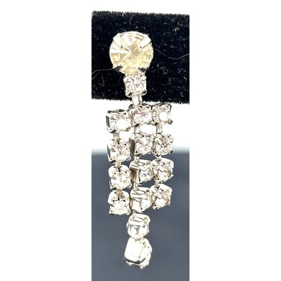Rhinestone Earrings 3 Row Dangle Screw Back Vintage 1.5" Long Unsigned - Picture 2 of 5